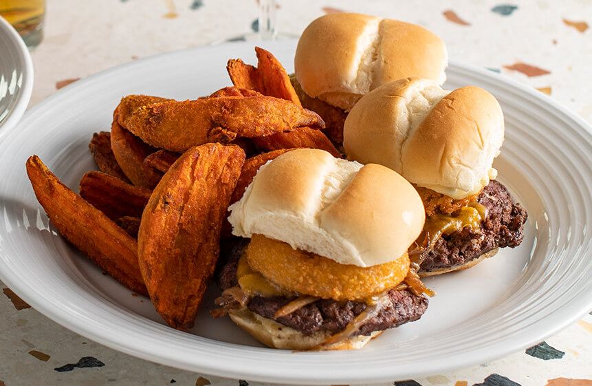 Grass-Fed Beef Sliders with sweet potato fries at Georgie's